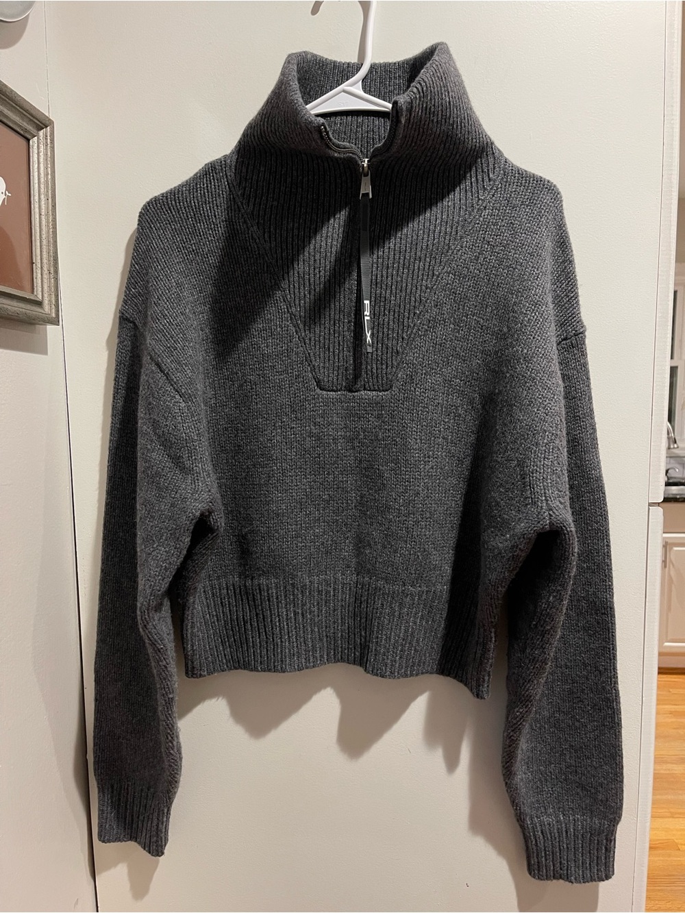 RLX Ralph Lauren Chunky Wool Knit Oversized Cropped 1/4 Zip Sweater Grey Sz S